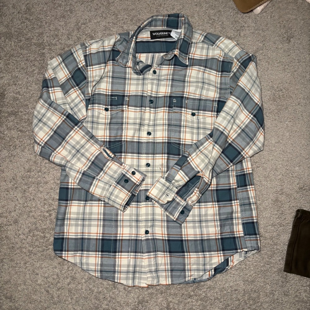 Wolverine FR Flame Resistant Plaid Button Down Work Shirt Blue Orange Mens L